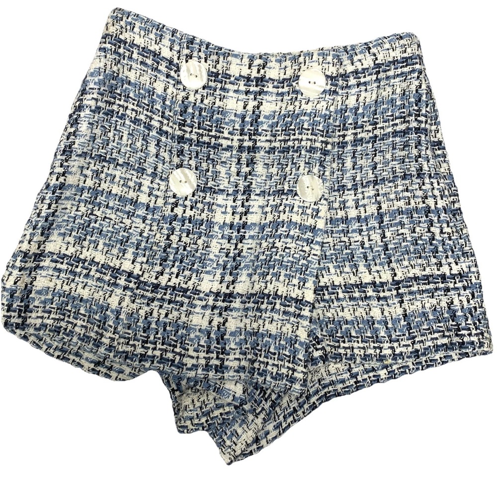 Zara Textured  Tweed Skirt Skort‎ Blue Plaid Small Mini Buttons Preppy Y2k Retro